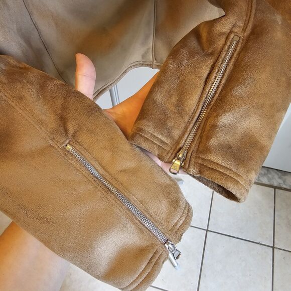 Lauren Ralph Lauren Tan Moto Jacket Faux Suede Sherpa Lined Womens Petite L PL - Picture 7 of 7